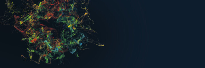 Abstract colourful particles explosion on blue background.