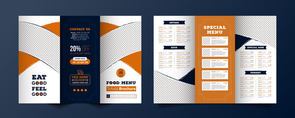 Food trifold brochure menu template. fast food menu brochure for restaurant with dark blue and orange color