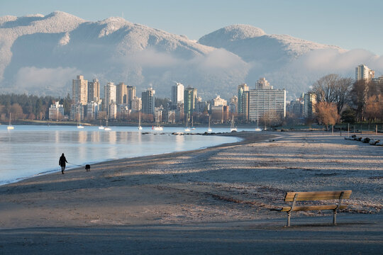 Winter Morning on Beach with Snow on the Mountains