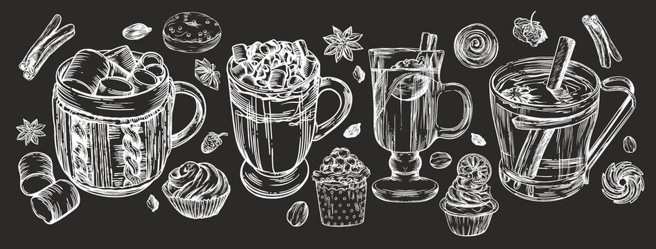 Illustrations in the style of linear drawing. Black and white graphics. Croissants, various pastries, cakes, coffee donuts and mulled wine. Images for menus and banners.