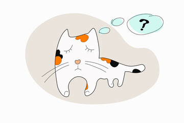 Sad white cat with black and red spots, asks a question, for postcard, children's room decor or fabric, vector drawing