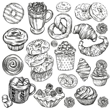 Illustrations in the style of linear drawing. Black and white graphics. Croissants, various pastries, cakes, coffee donuts and mulled wine. Images for menus and banners.