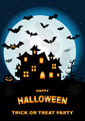 Halloween night background with pumpkin, with bats,  house and full moon. Halloween poster. Vector illustration.