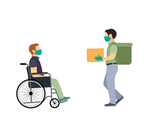 delivery of groceries to a disabled person in a wheelchair, courier with a backpack wearing a mask and gloves