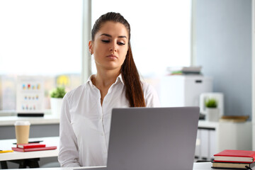 Beautiful smiling girl at workplace look in camera portrait. White collar dress code worker at workspace job offer modern office lifestyle client visit study profession boss market idea coach train