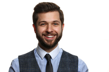 Handsome smiling adult bearded brunette caucasian person wearing glasses and shirt look in camera headshot isolated over white background. White collar guy dress code modern lifestyle joy concept