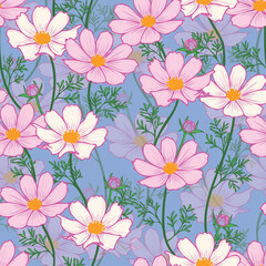 Floral seamless pattern with cosmos flower. Pink flowers on blue background design.