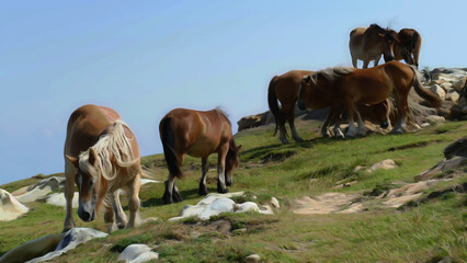 Painting of horses on the sea coast
