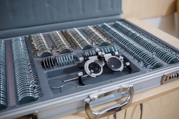 A set of lenses for checking vision and selecting glasses with different diopters. Selection of glasses for vision.