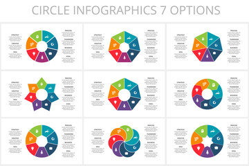 Set circle elements of graph, diagram with 7 steps, options, parts or processes. Template for infographic, presentation.