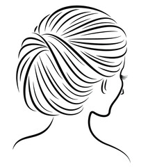 Silhouette of the head of a cute lady. The girl demonstrates her hairstyle stoves for long and medium hair. Suitable for logo, advertising. Vector illustration.