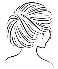 Silhouette of the head of a cute lady. The girl demonstrates her hairstyle stoves for long and medium hair. Suitable for logo, advertising. Vector illustration.