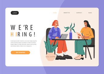 Job interview landing page template, happy woman recruiter have business conversation with candidate for a vacancy. Head hunter hiring, young employe in flat style, web banner, vector illustration. 