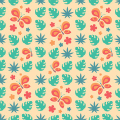 Tropical floral seamless pattern with butterflies and leaves on beige background 