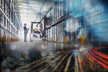 Cityscape and distribution warehouse digital composite