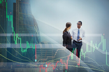 Graph over business people and highrise buildings