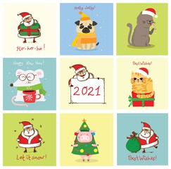 Vector illustration of christmas cats, pigs, rats and dogs with Christmas and new year greetings.