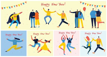 Vector cartoon illustration of Happy group of people celebrating new year, jumping on the party.