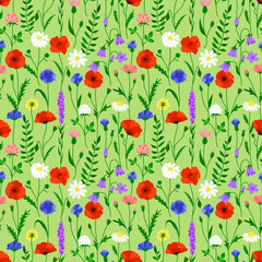 Wildflower seamless pattern in bright colors on green background 