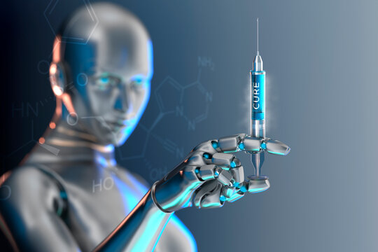 Robot holding COVID-19 vaccination syringe cure