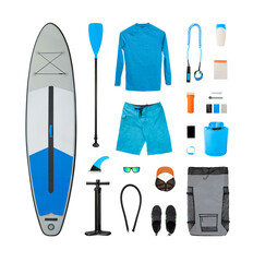 Set of inflatable stand up paddle board with accessories (carry bag, pump, fin, etc.)