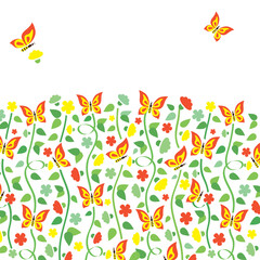 Fototapeta premium Greeting banner with flowers, butterflies and space for text on white background 
