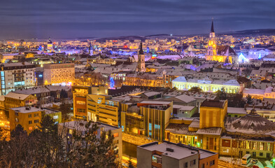 Aerial view over Cluj-Napoca at night