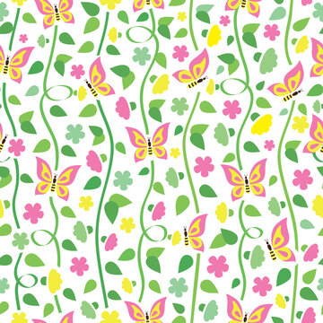 Floral seamless pattern with flowers and butterflies on white background