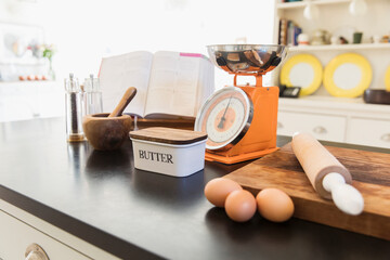 Baking ingredients on kitchen counter
