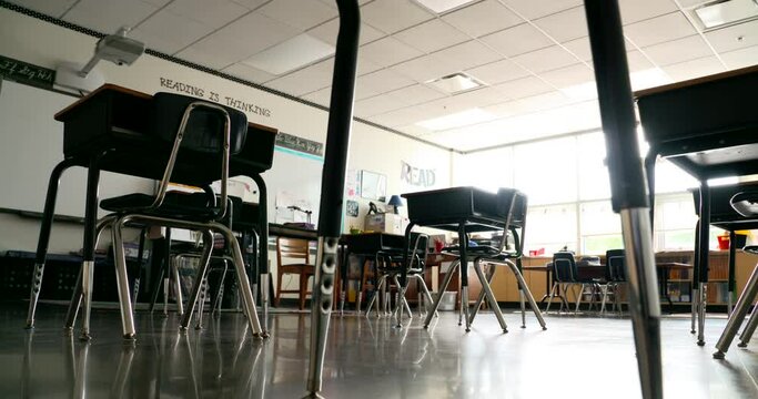 Socially Distant Desks Sit In An Empty Elementary School Classroom 