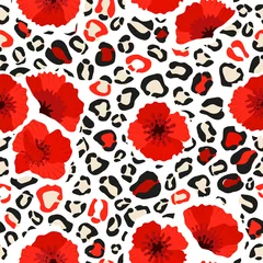 Papier peint Coquelicots Peau de léopard et motif harmonieux de pavot. Fond floral animal