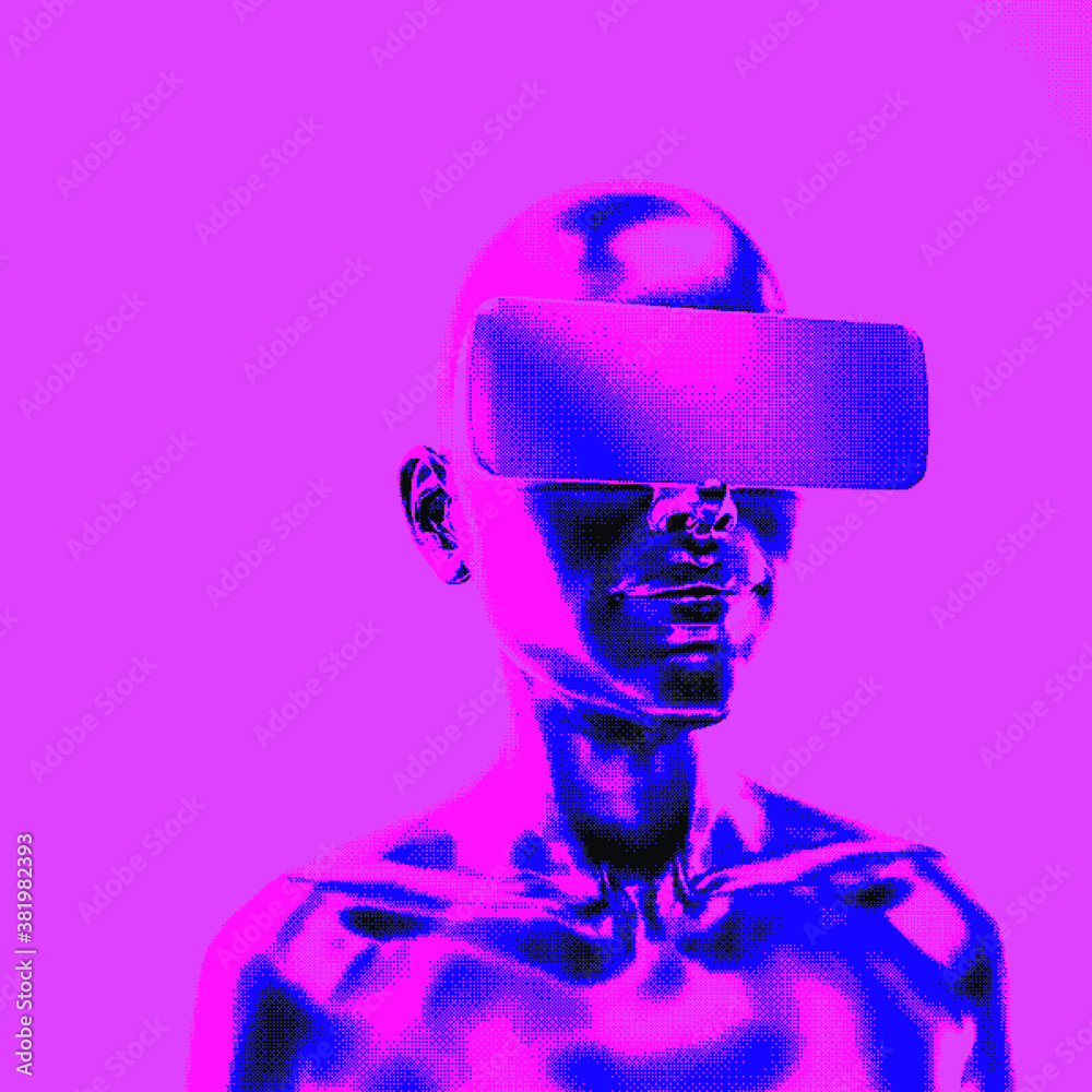 Poster Artificial Intelligence concept. Android machine head made of pixels.