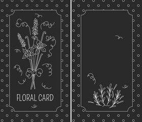 Invitation or greeting card with bouquet of lavender and vanilla, rosemary. Floral chalkboard background with spicy herb and flowers. Black and white 