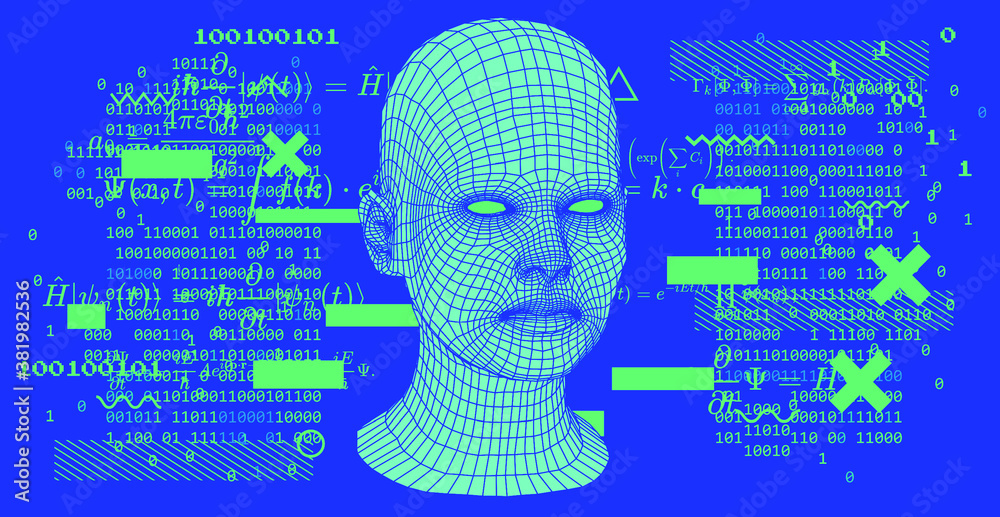 Aufkleber artificial intelligence and neural network concept. 3d human face structure made of grid.