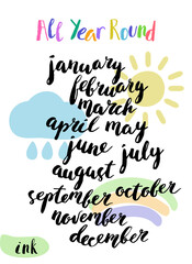 Hand written calendar set with month names