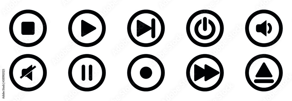 Poster Audio and video buttons in circle, Set of Media player icons, Music, interface, design media player buttons collection