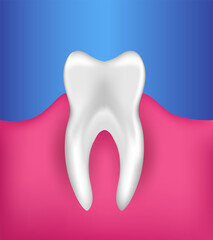 Tooth whitening or caries healing, dentist theme banner. Poster decor with realistic 3d tooth with roots and pink gum to illustrate typical oral health issues. Cartoon advertising idea with copy space