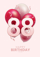 Happy 88th birthday with realistic red and rosegold balloons on light rose background. Set for Birthday, Anniversary, Celebration Party. Vector stock.