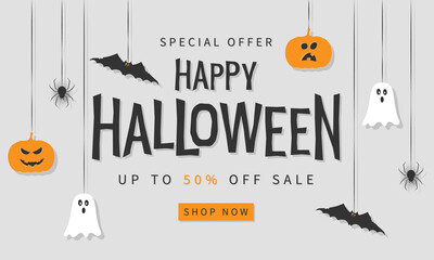 Halloween sale banner. Vector illustration in flat style.