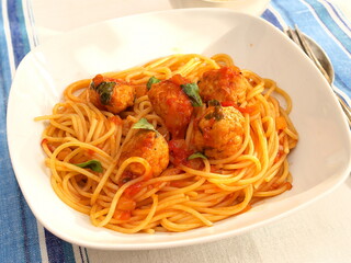 Spaghetti with meatballs in tomato sauce