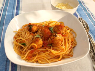 Spaghetti with meatballs in tomato sauce