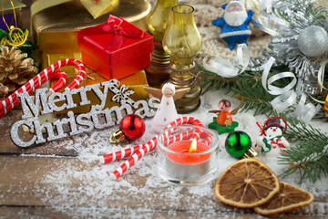 Merry Christmas card with gifts and coffee and Christmas decorations.