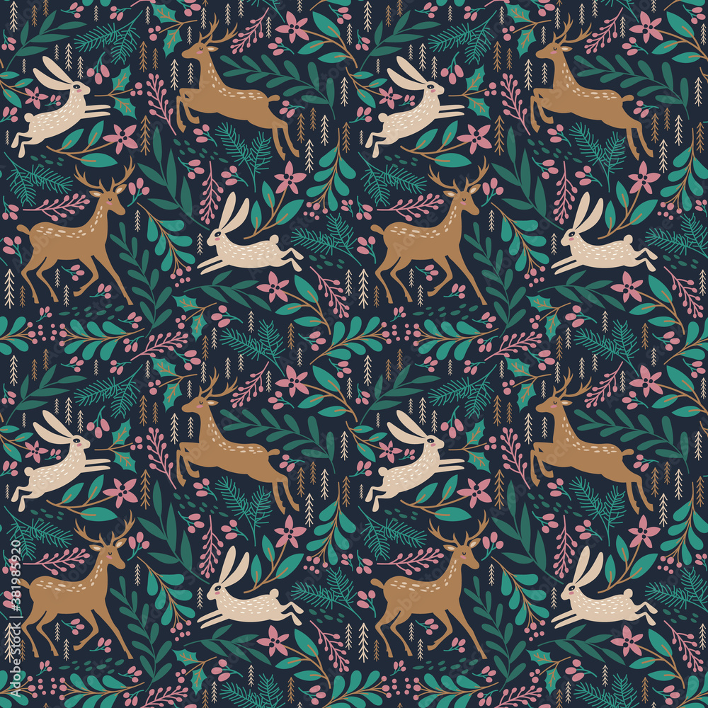 Wall mural seamless pattern with deer and rabbit. winter background. vector