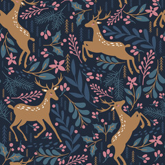 Cotton fabric Seamless pattern with deer, leaves and branches. Winter background. Vector