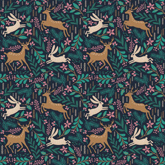 Seamless pattern with deer and rabbit. Winter background. Vector