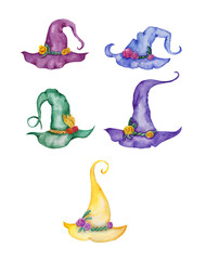 Set of watercolor hand painted witch hats. For Halloween party invitations, greeting cards, linen, napkins, textile, clothes, notebooks, covering.