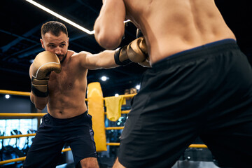 Determined boxer hitting his sparring partner in a stomach