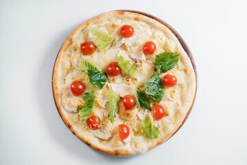 Italian pizza mixed with caesar salad. Cooking concept in the style of Italian cuisine.