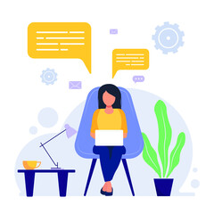  Home office concept, woman working from home or student.Flat illusion.