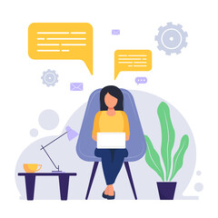  Home office concept, woman working from home or student.Flat illusion.